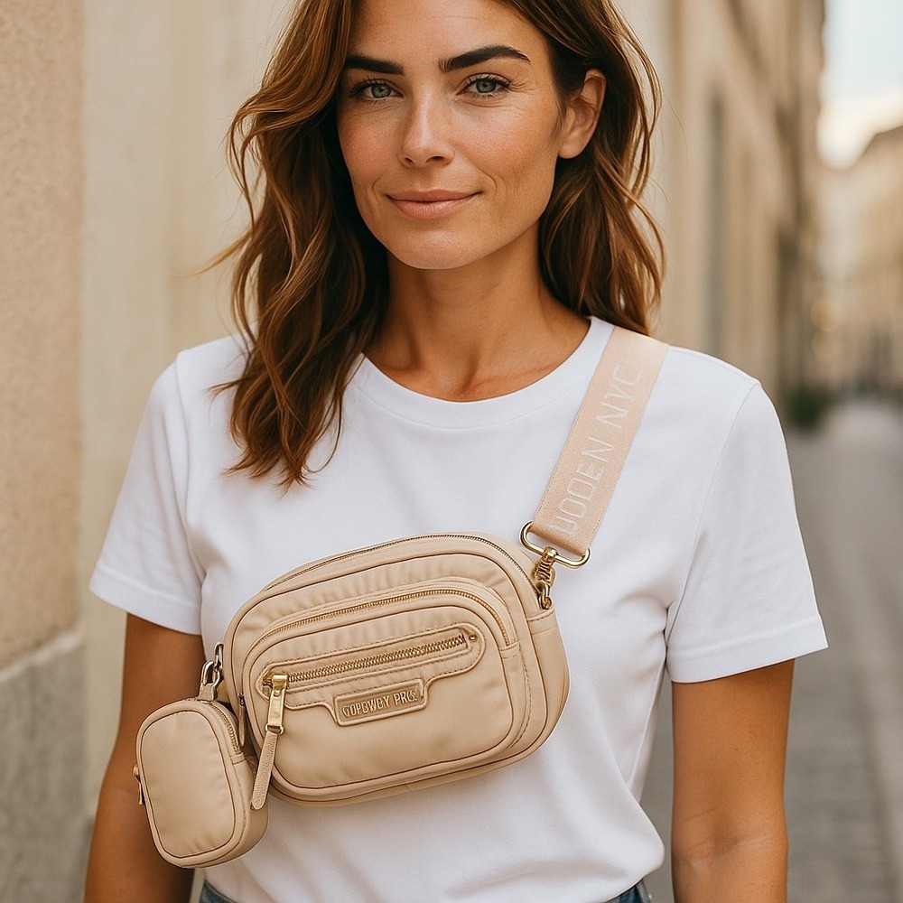 Madden NYC Belt Bag Crossbody with Pouch, Adjustable Strap, Beige